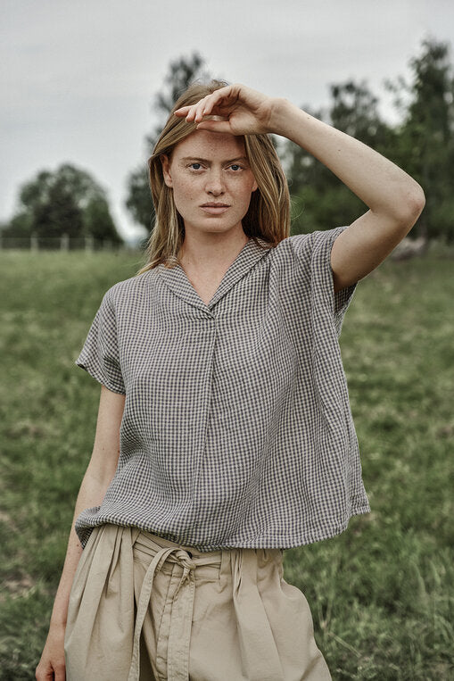 Shawl Collar Top - Natural Check