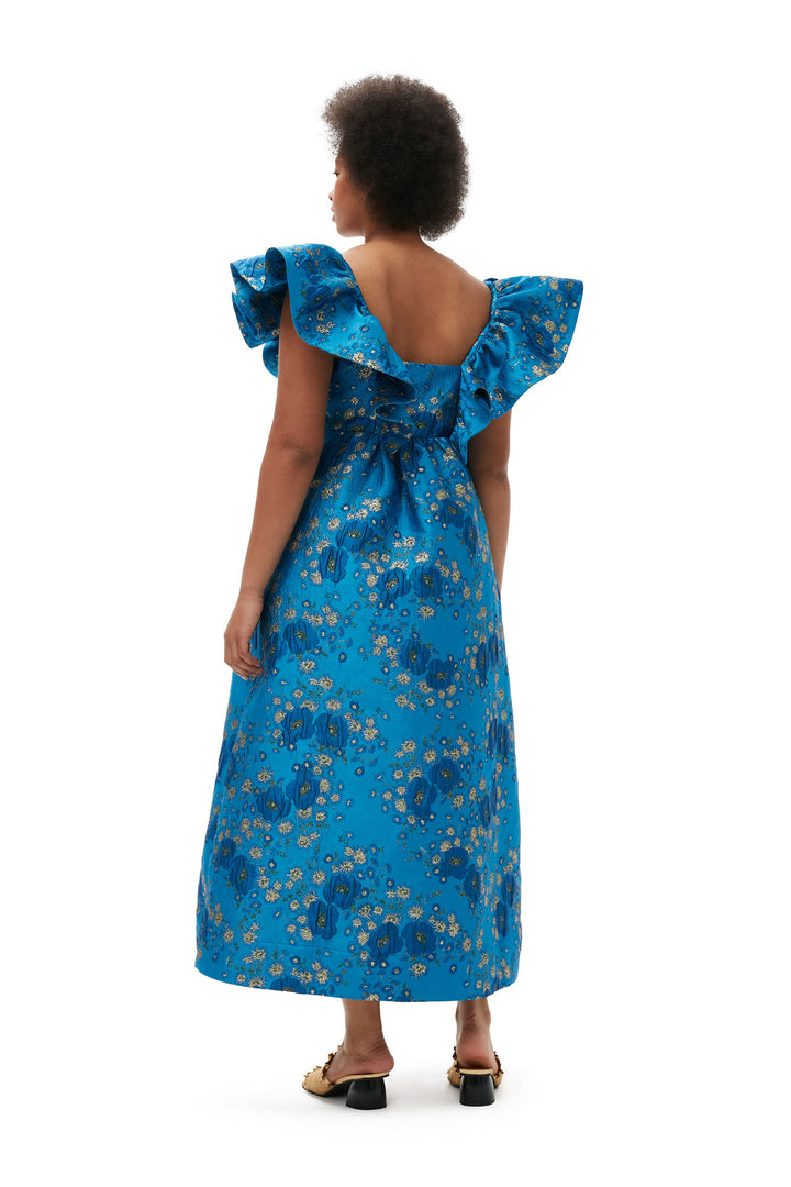 3D Jacquard Ruffle Midi Dress - Brilliant Blue