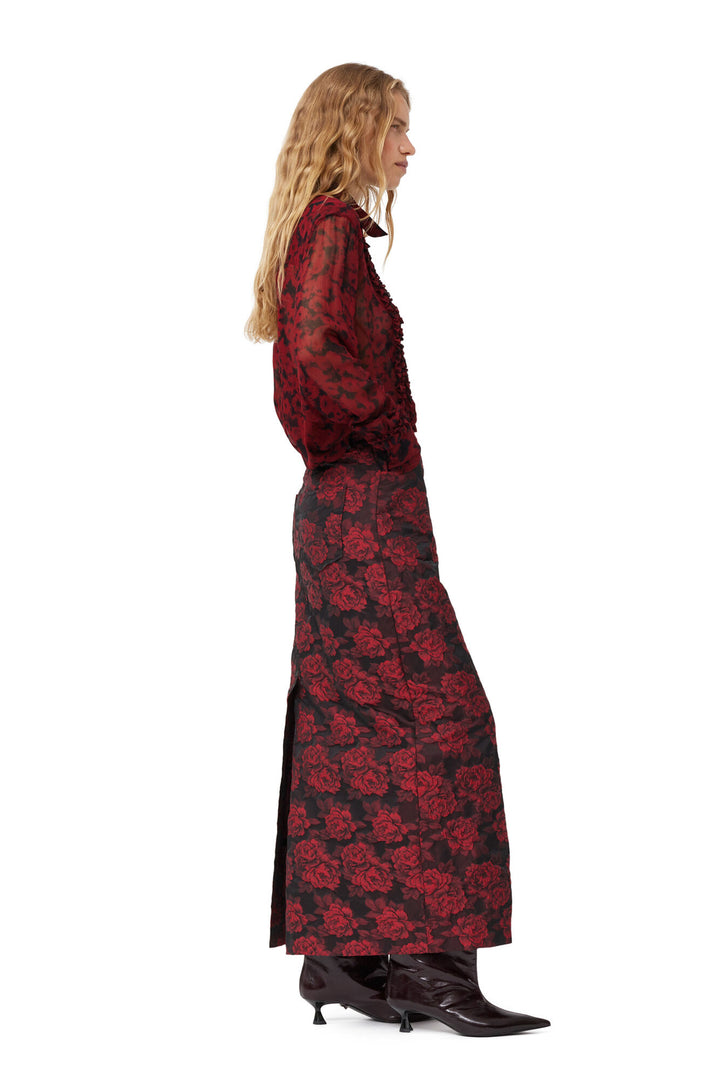 Botanical Jacquard Long Skirt - High Risk Red