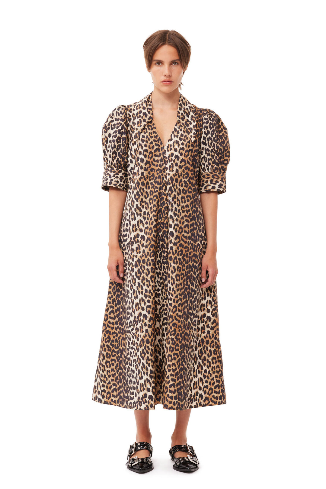 Cotton Poplin V-Neck Maxi Dress - Leopard