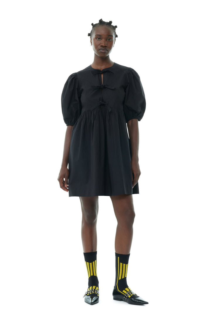 Cotton Poplin Tie String Mini Dress - Black