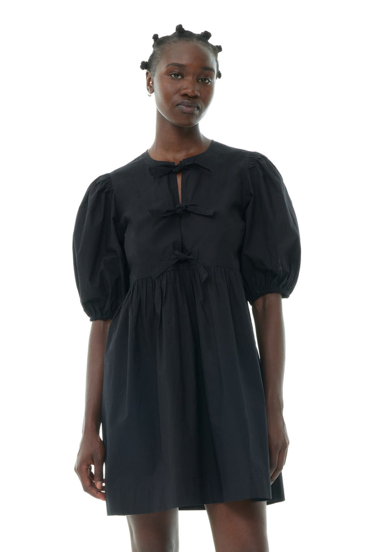 Cotton Poplin Tie String Mini Dress - Black