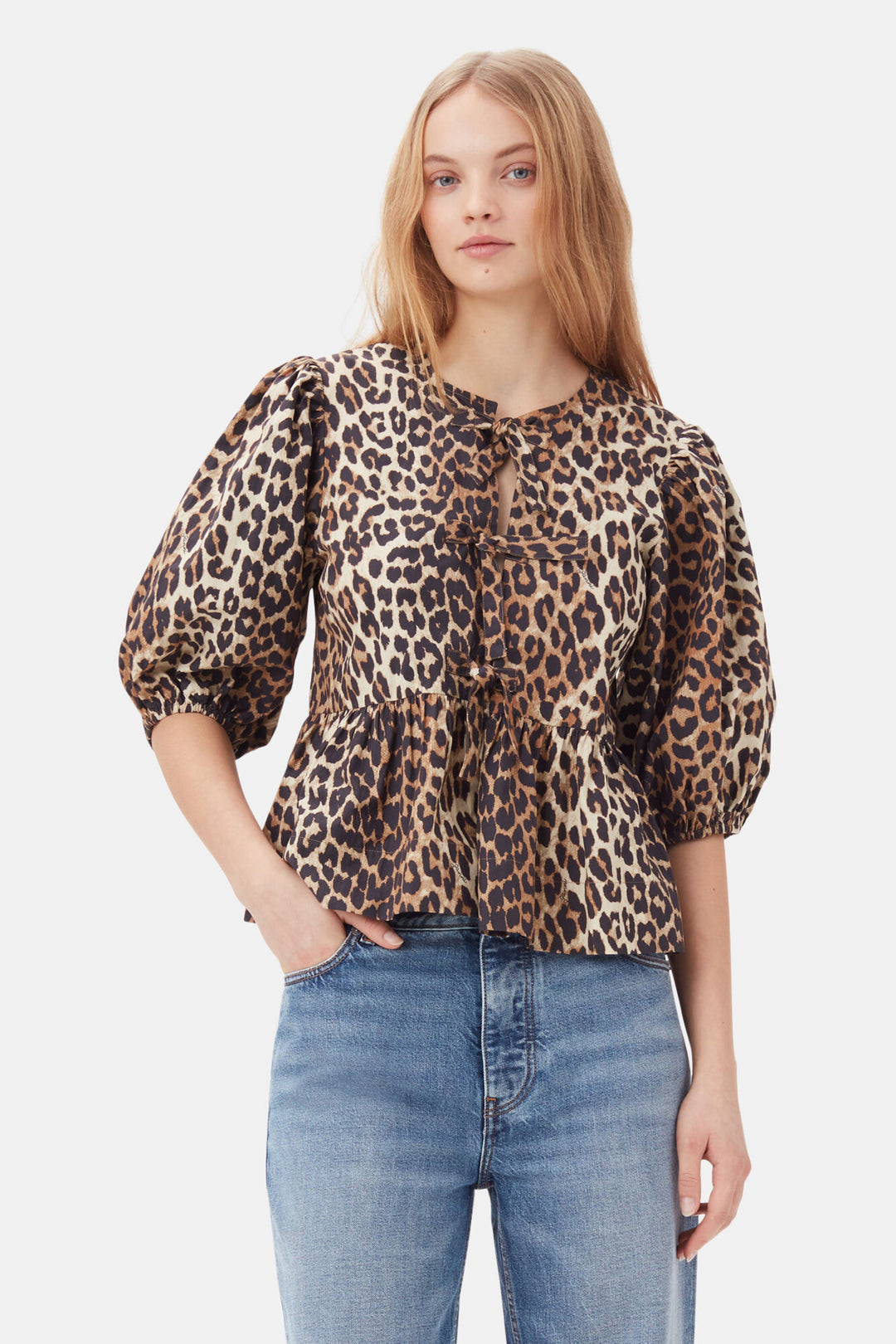 Printed Cotton Poplin Peplum Blouse - Leopard