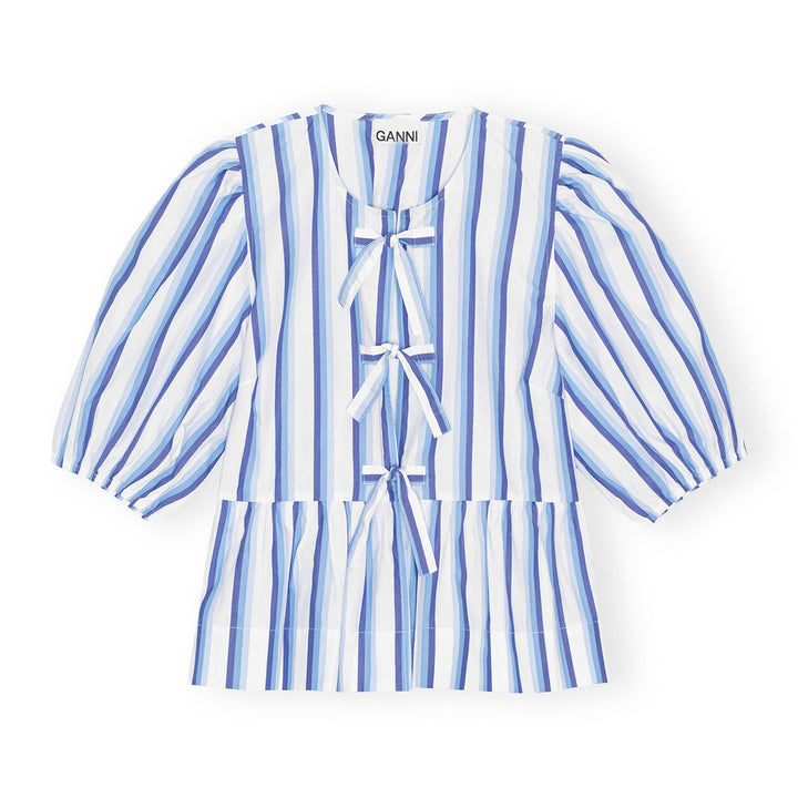 Stripe Cotton Peplum Puff Sleeve Blouse