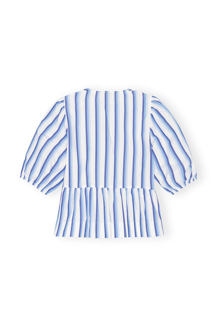 Stripe Cotton Peplum Puff Sleeve Blouse
