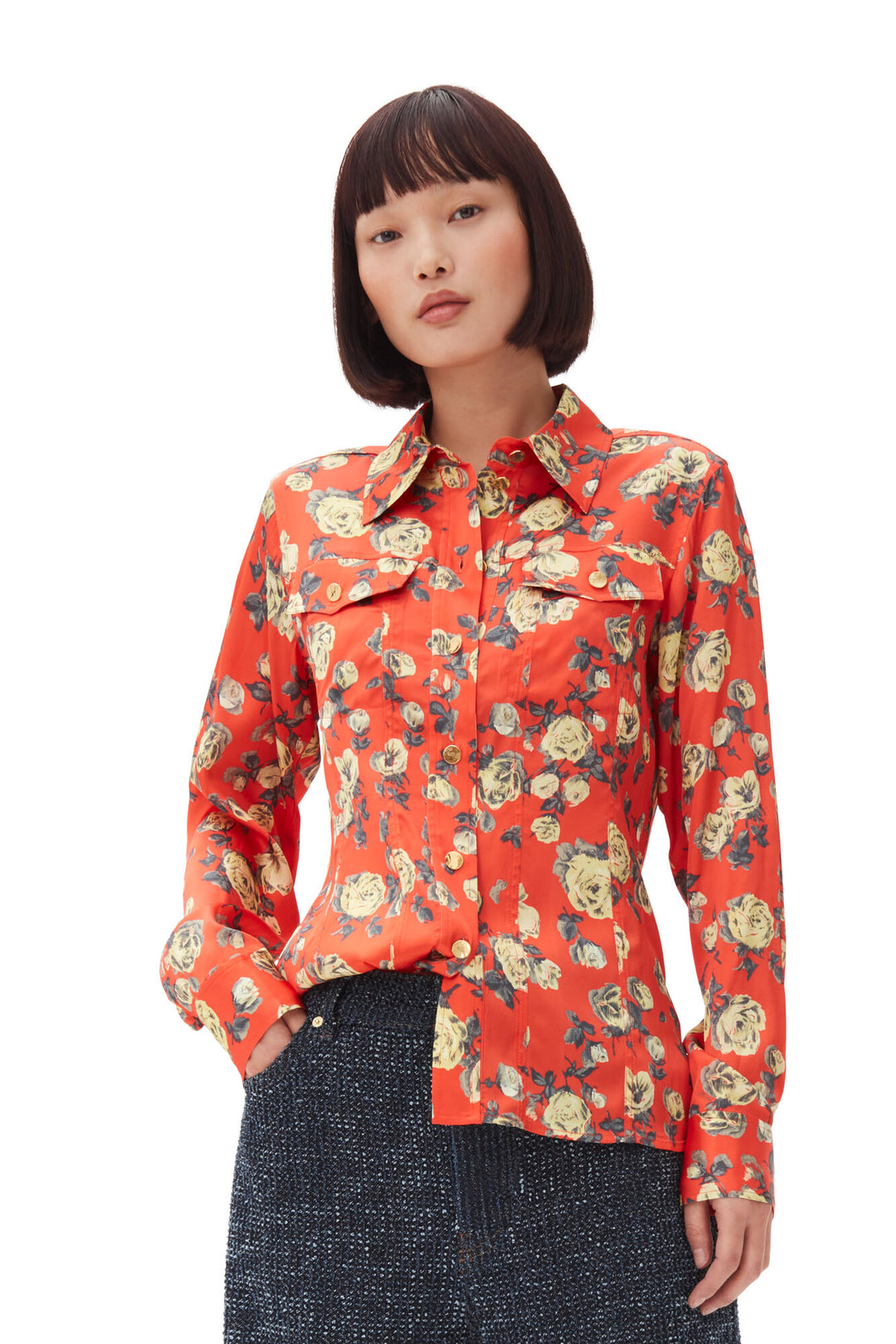 Orange Floral Printed Satin Shirt