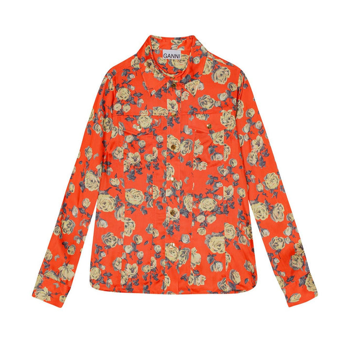 Orange Floral Printed Satin Shirt