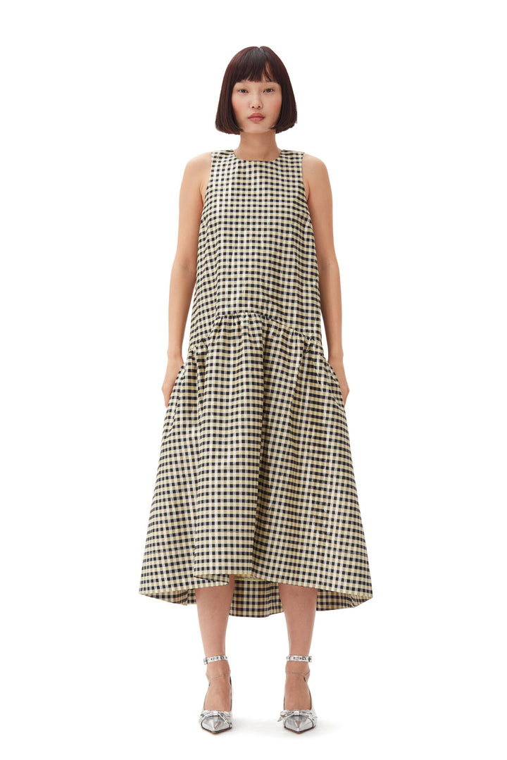 SHINY CHECK JACQUARD MIDI DRESS