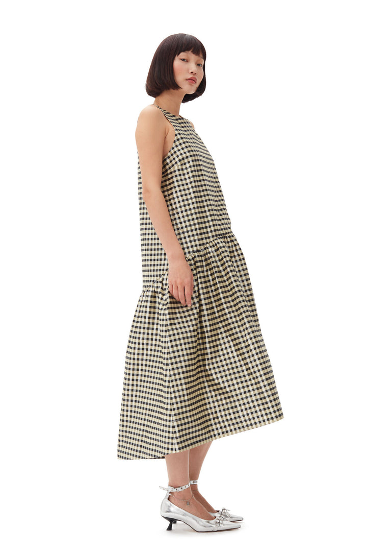 SHINY CHECK JACQUARD MIDI DRESS