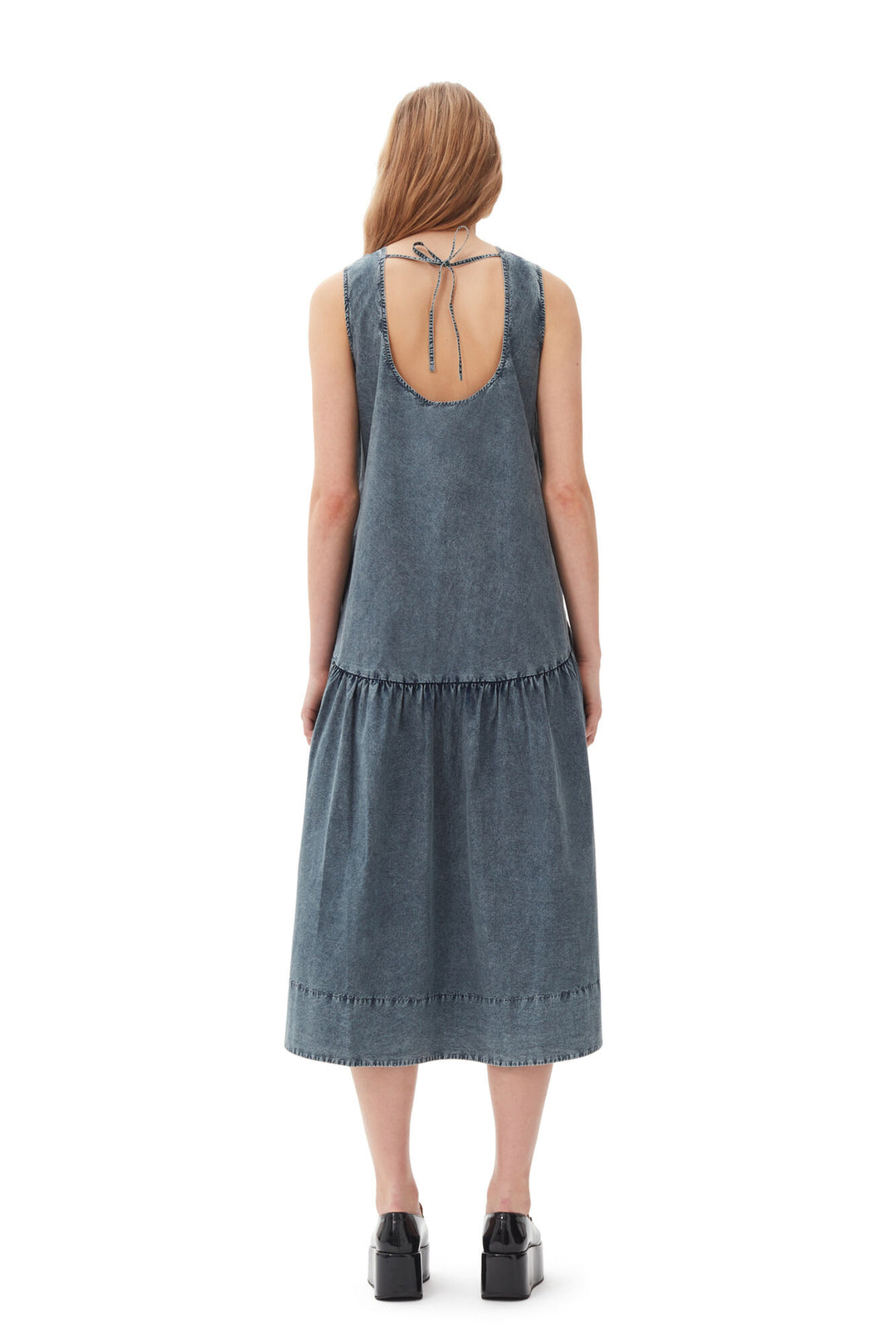 Cotton Poplin Open Back Midi Dress - Blue