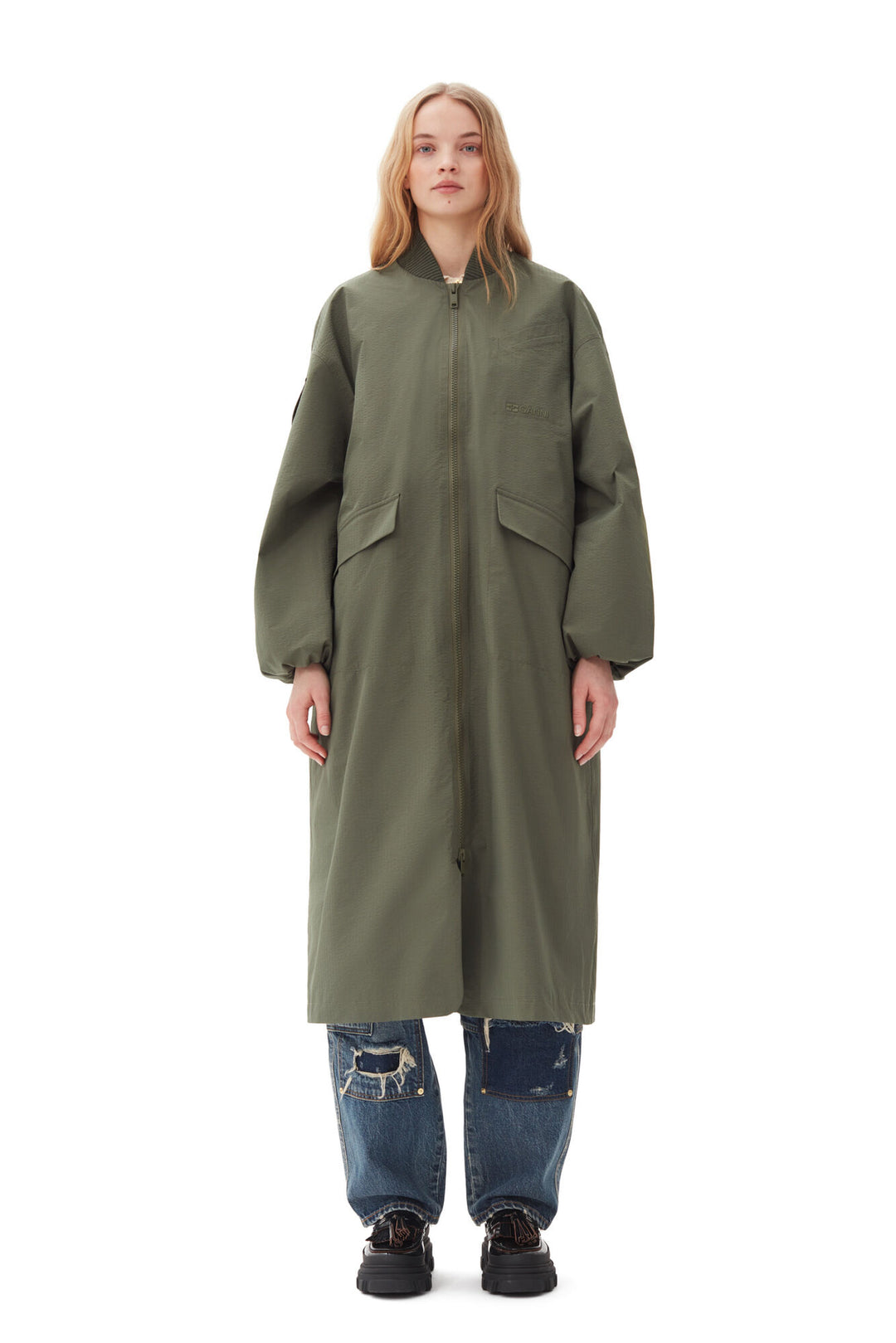 Green Tech Seersucker Oversized Shell Coat