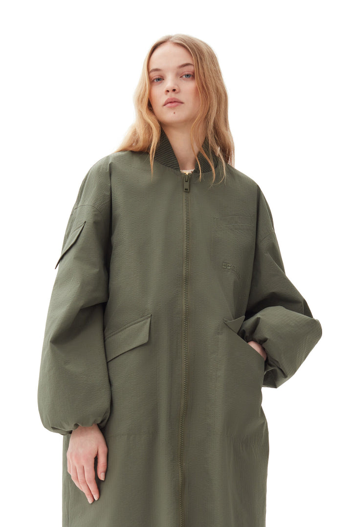 Green Tech Seersucker Oversized Shell Coat