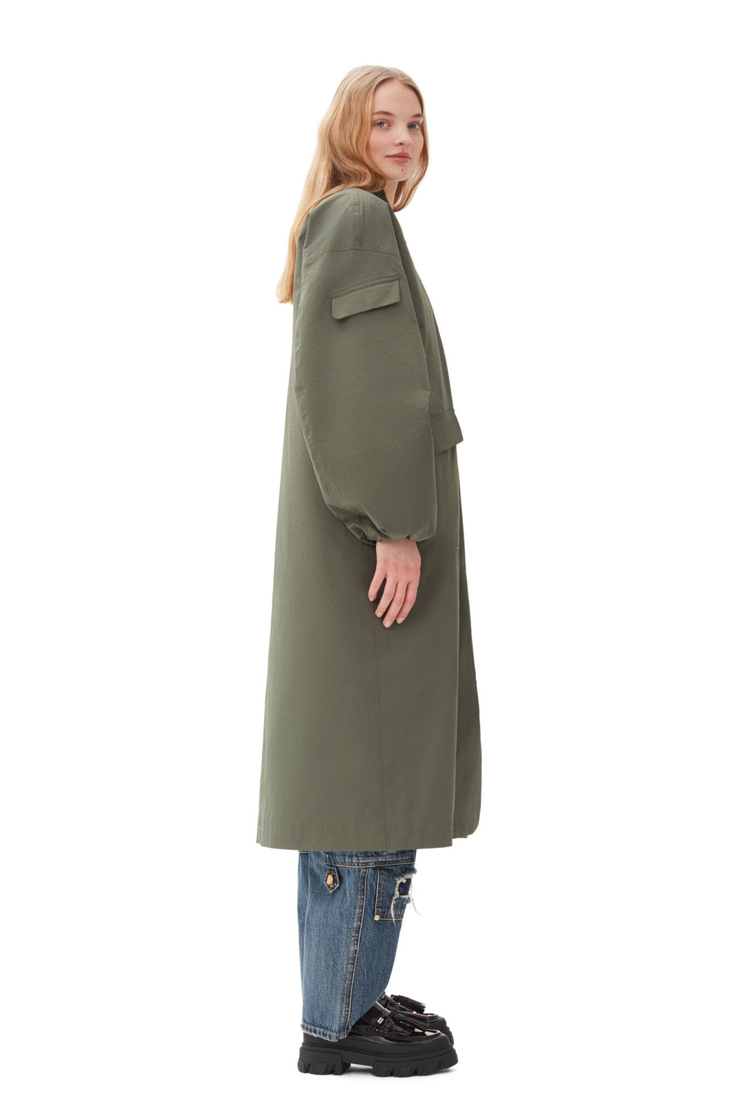 Green Tech Seersucker Oversized Shell Coat