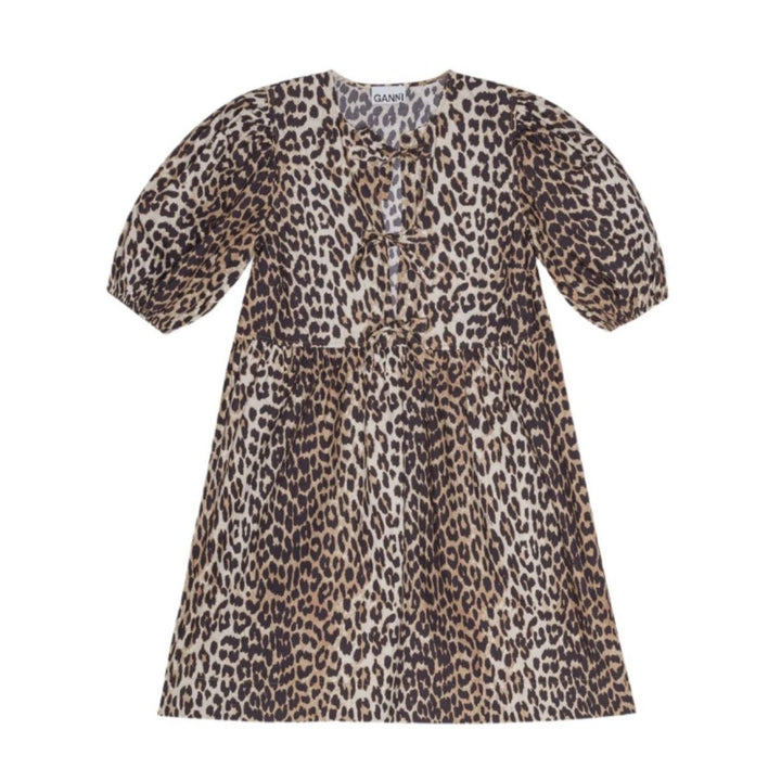 Printed Cotton Tie String Mini Dress - Leopard