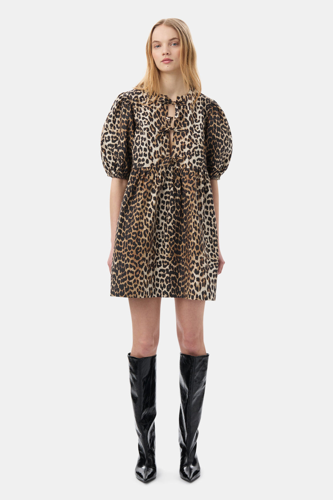 Printed Cotton Tie String Mini Dress - Leopard