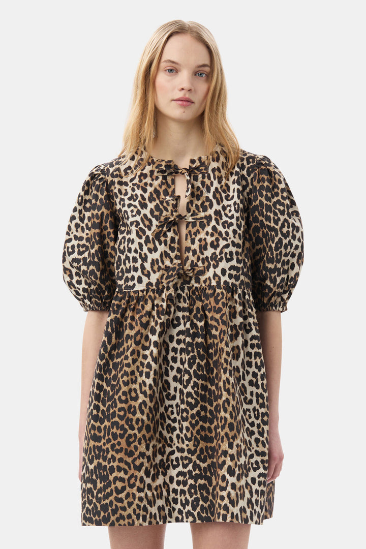 Printed Cotton Tie String Mini Dress - Leopard