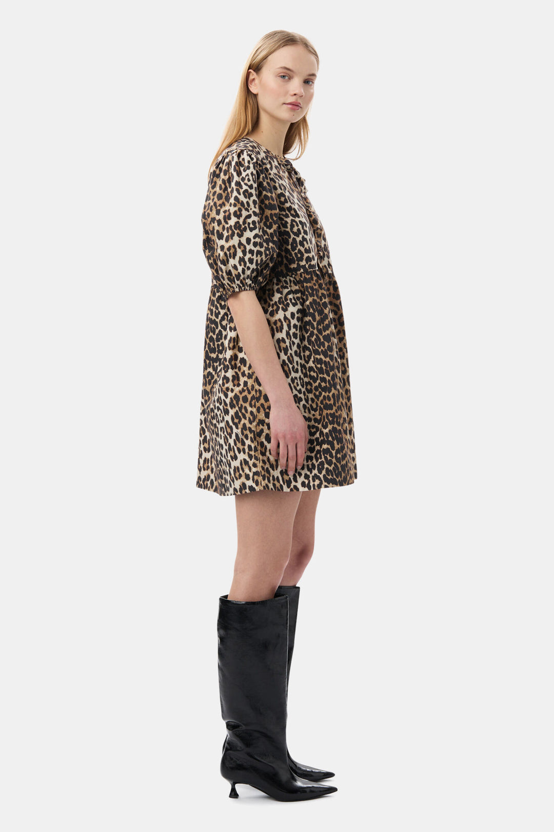 Printed Cotton Tie String Mini Dress - Leopard