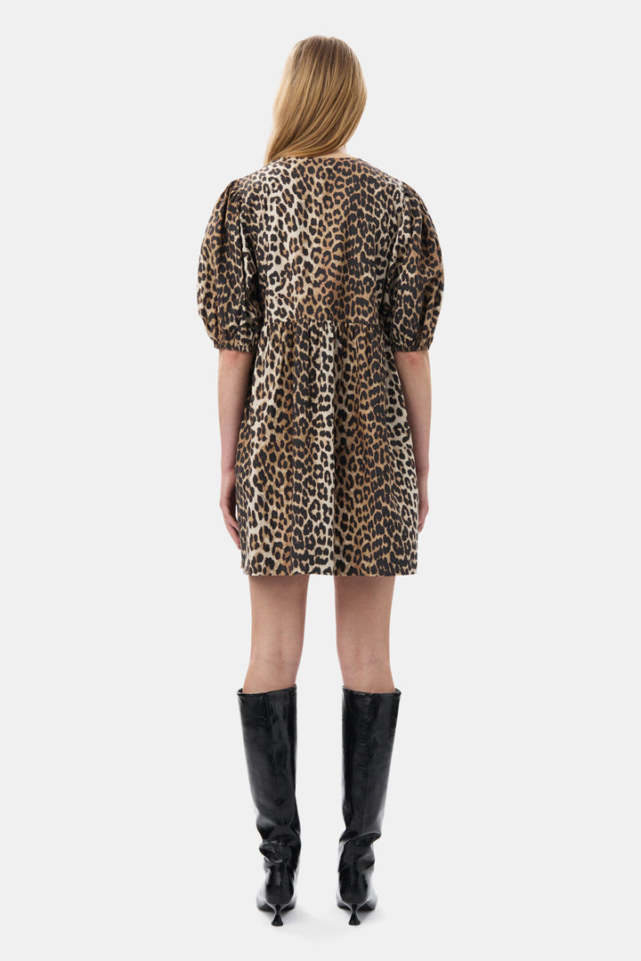 Printed Cotton Tie String Mini Dress - Leopard