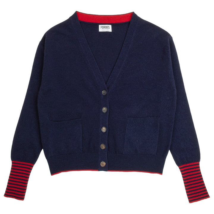 V-Neck Cardigan & Scarf - Navy/Crimson