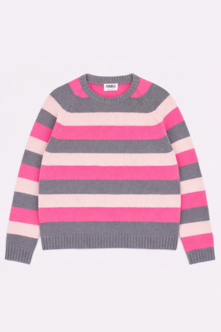 Striped Raglan Crew Knit - Bubblegum/Grey/Ecru - Frontiers Woman