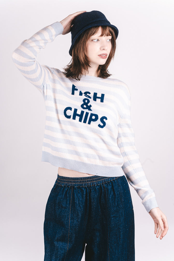Fish And Chips Cashmere Crew - Pale Blue/Midnight Blue