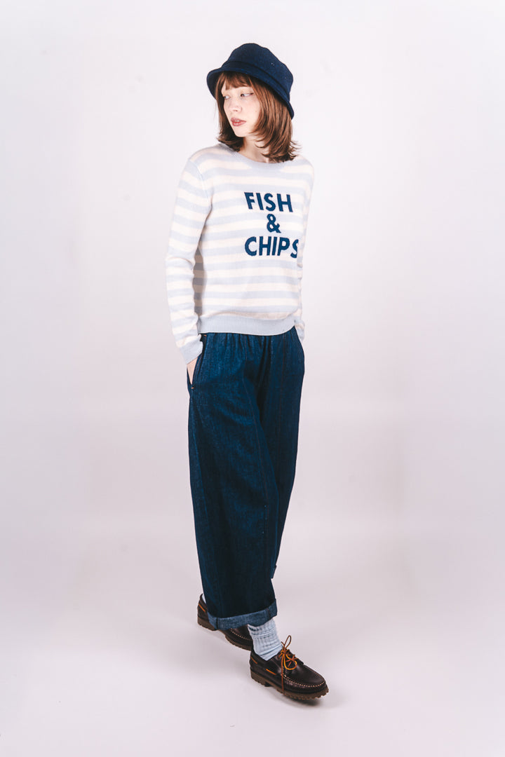 Fish And Chips Cashmere Crew - Pale Blue/Midnight Blue