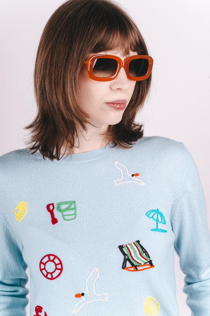 Seaside Tribute Cashmere Crew - Pale Blue