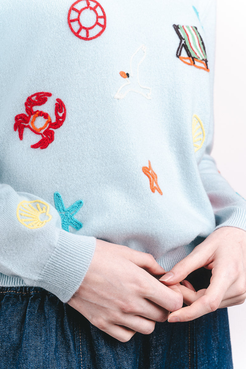 Seaside Tribute Cashmere Crew - Pale Blue