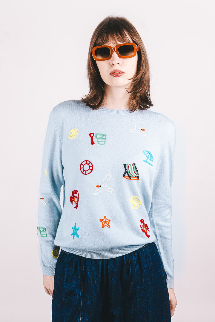 Seaside Tribute Cashmere Crew - Pale Blue