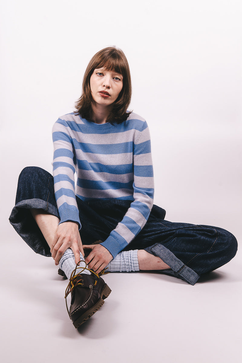 Stripe Cashmere Crew - Skylar/Azure