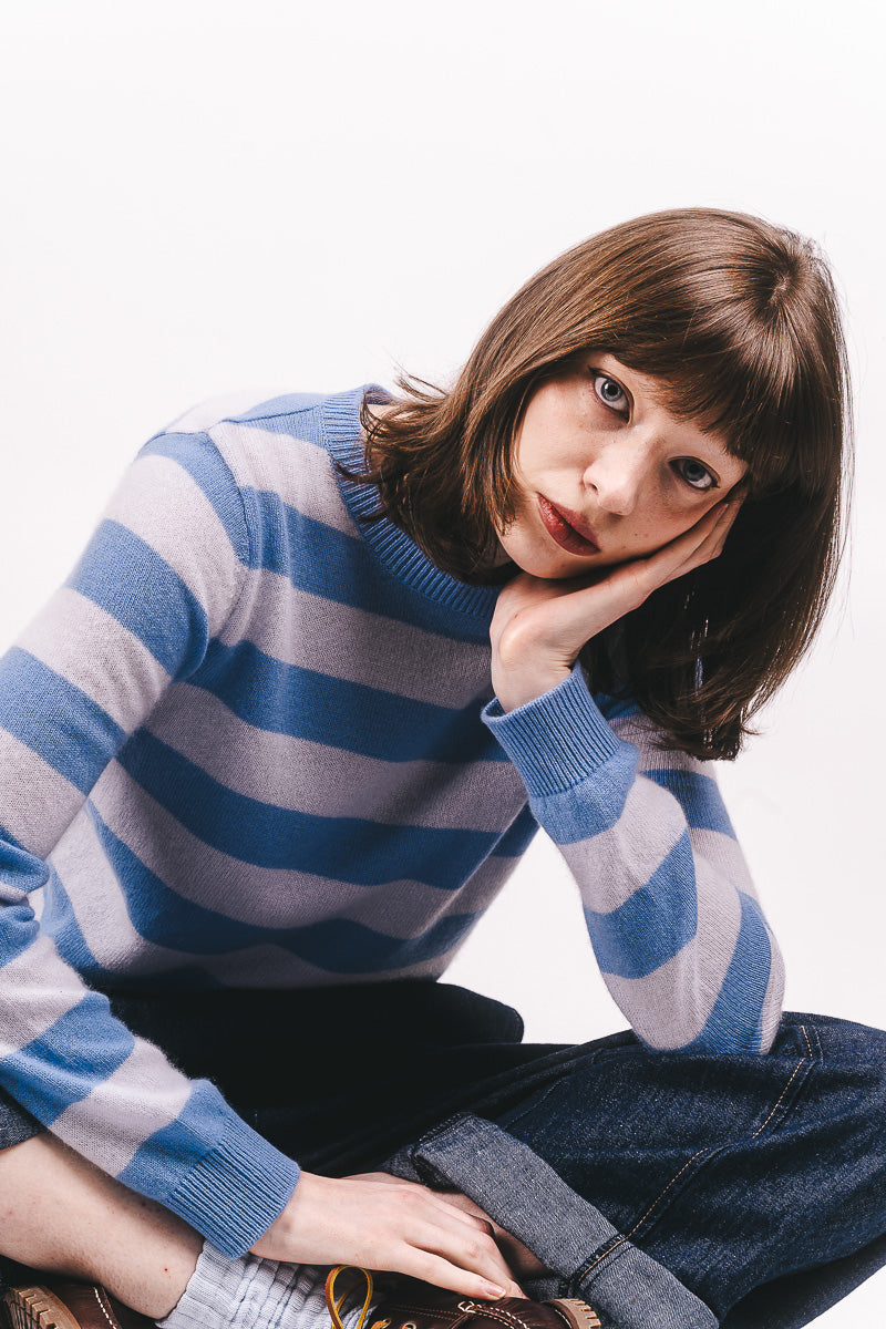 Stripe Cashmere Crew - Skylar/Azure