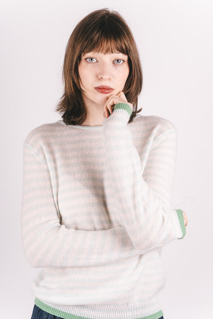 Tipped Little Stripe Cashmere Crew - Noor/Lily/Fresh Green