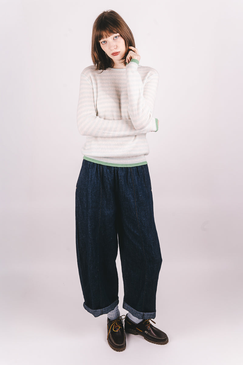 Tipped Little Stripe Cashmere Crew - Noor/Lily/Fresh Green