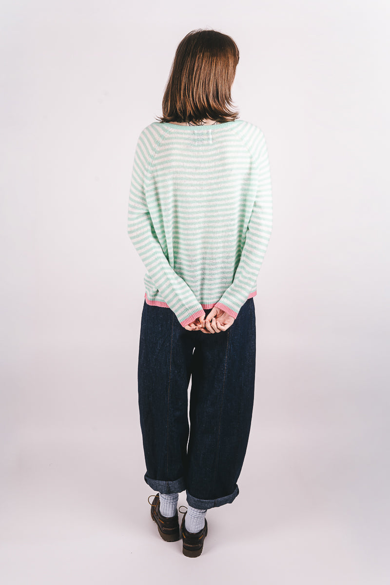 Tipped Little Stripe Cashmere Vee - Mojito/Cream/Cosmo Pink