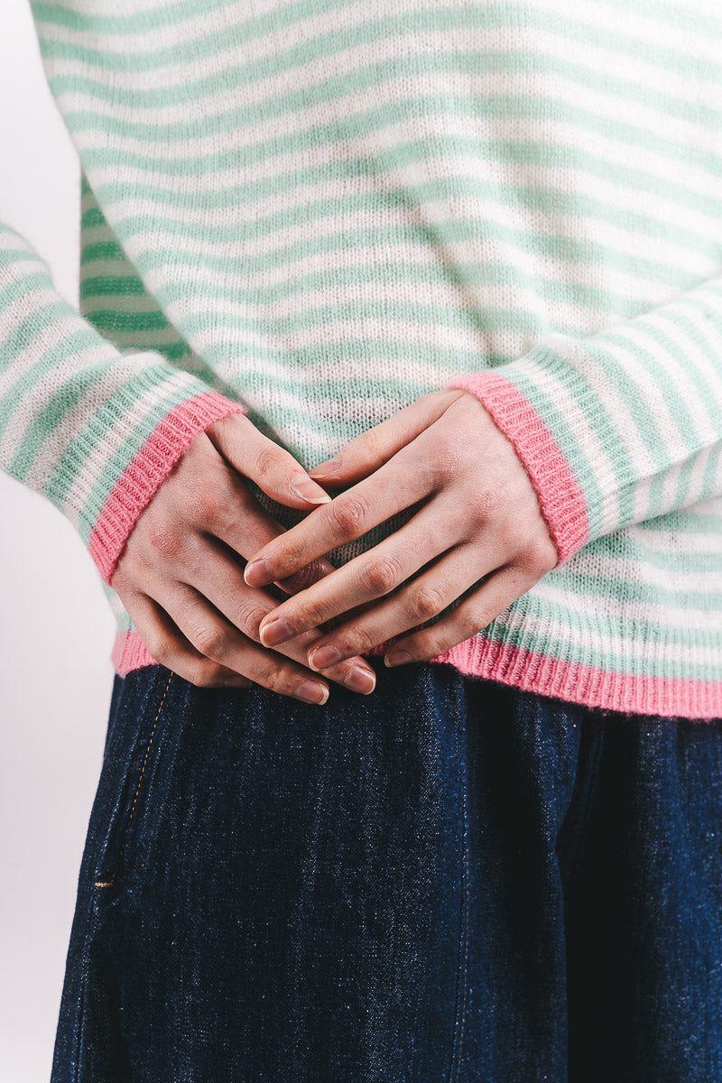 Tipped Little Stripe Cashmere Vee - Mojito/Cream/Cosmo Pink