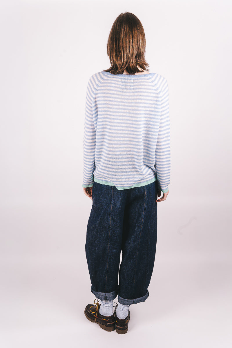 Tipped Little Stripe Cashmere Vee - Arctic Blue/Cream/Mojito - Frontiers Woman