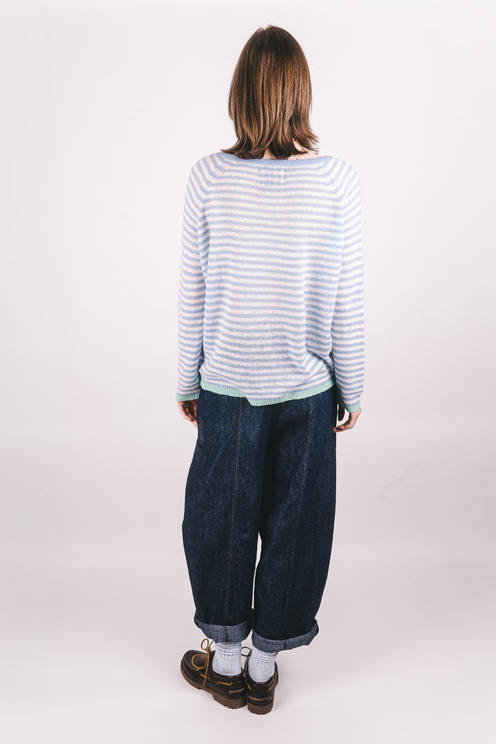 Tipped Little Stripe Cashmere Vee - Arctic Blue/Cream/Mojito - Frontiers Woman