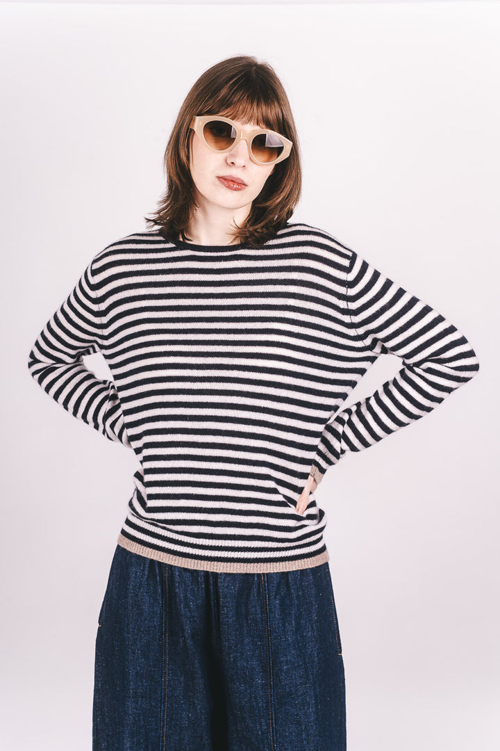 Tipped Little Stripe Cashmere Crew - New Navy/Lily/Lt Brown