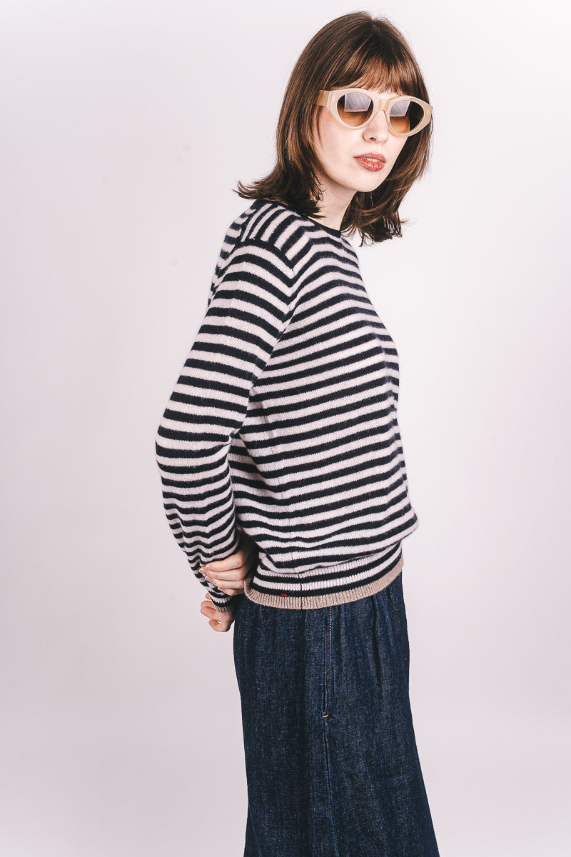 Tipped Little Stripe Cashmere Crew - New Navy/Lily/Lt Brown
