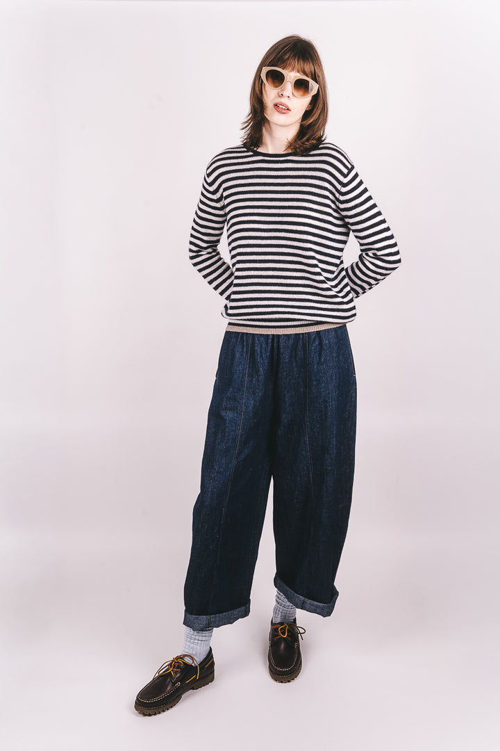Tipped Little Stripe Cashmere Crew - New Navy/Lily/Lt Brown