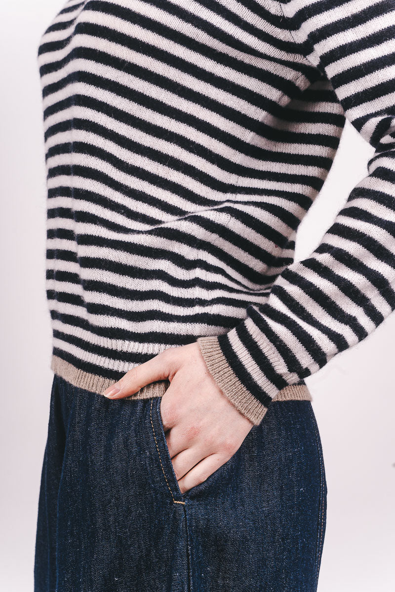 Tipped Little Stripe Cashmere Crew - New Navy/Lily/Lt Brown