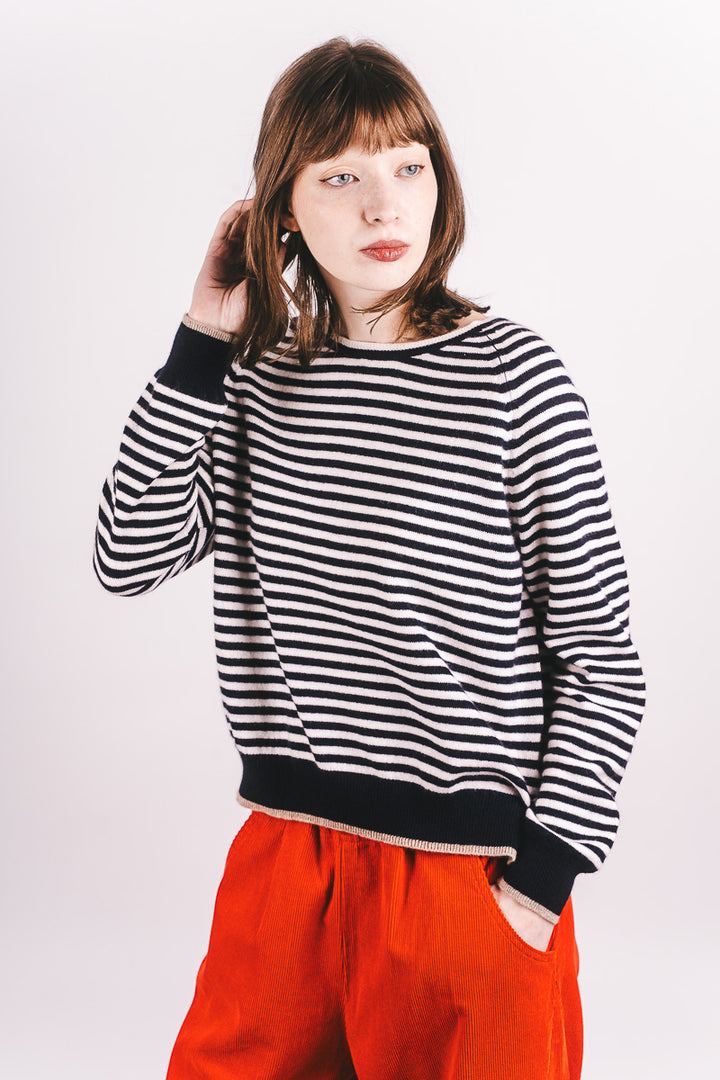 Tipped Narrow Stripe Boyfriend Cashmere - Navy/Cream/Lt Brown