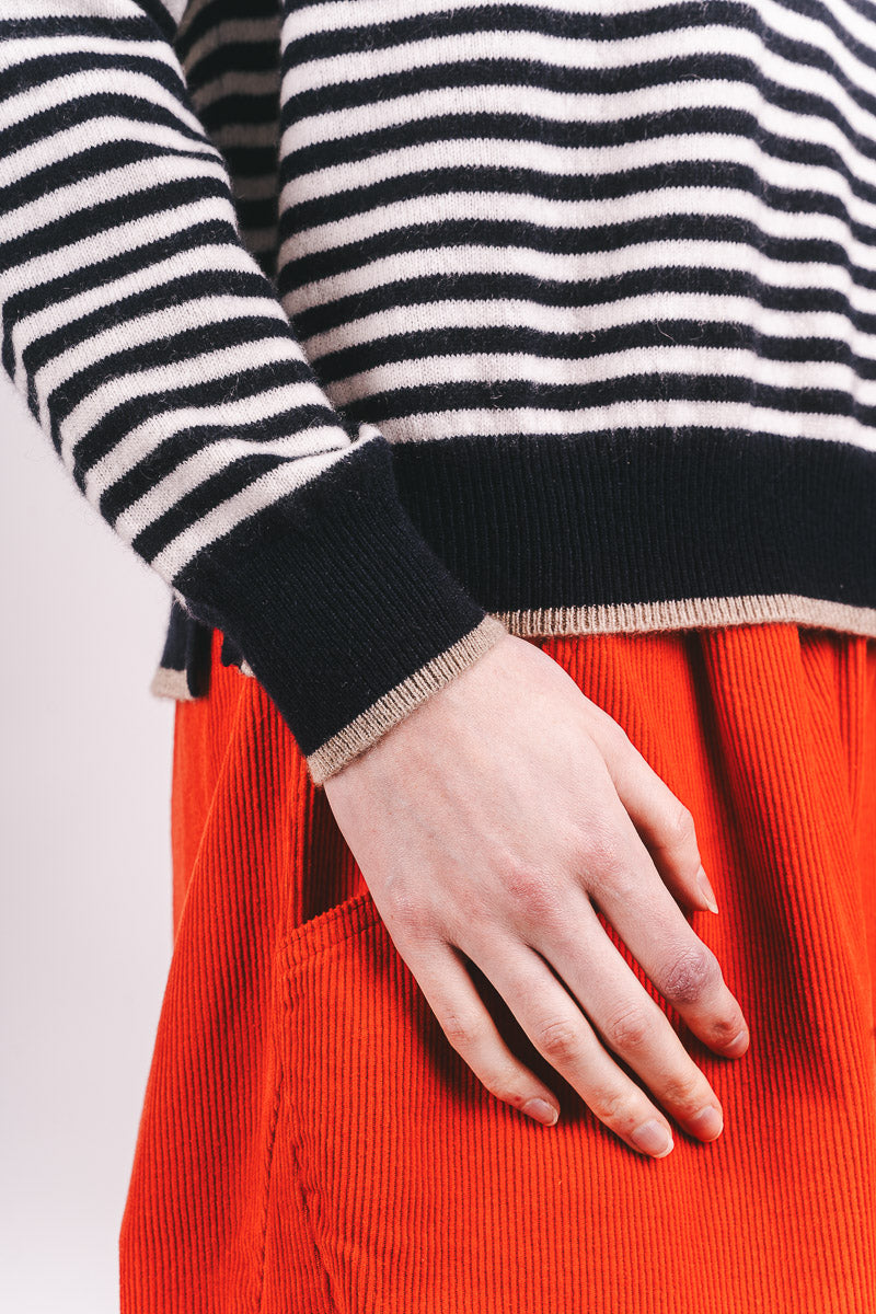 Tipped Narrow Stripe Boyfriend Cashmere - Navy/Cream/Lt Brown