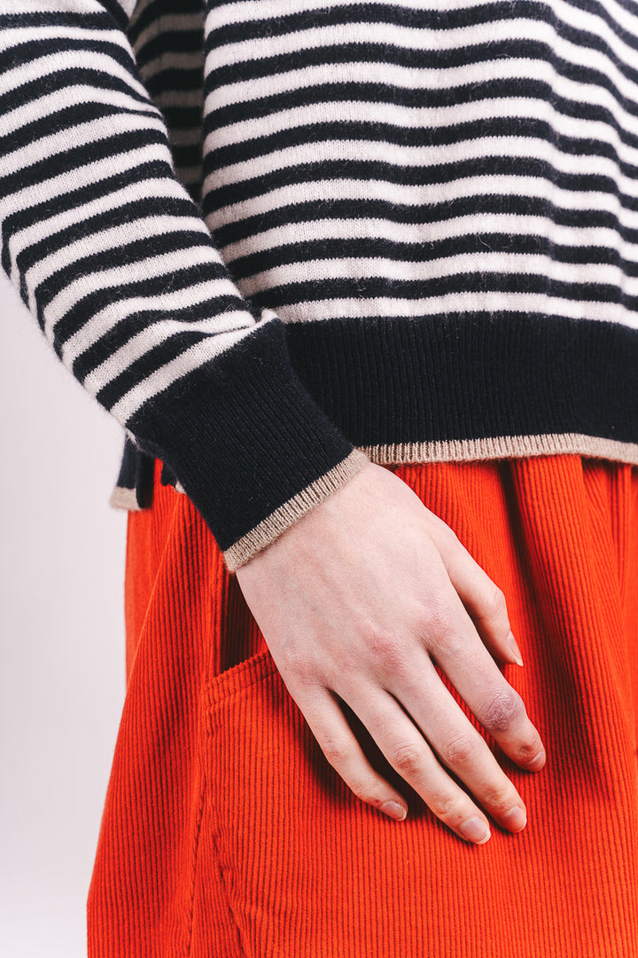 Tipped Narrow Stripe Boyfriend Cashmere - Navy/Cream/Lt Brown