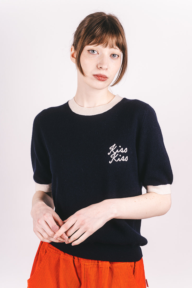 Kiss Kiss Ringer Cashmere T-Shirt - New Navy/Jasmine