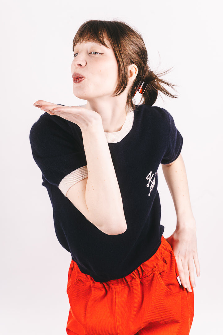 Kiss Kiss Ringer Cashmere T-Shirt - New Navy/Jasmine