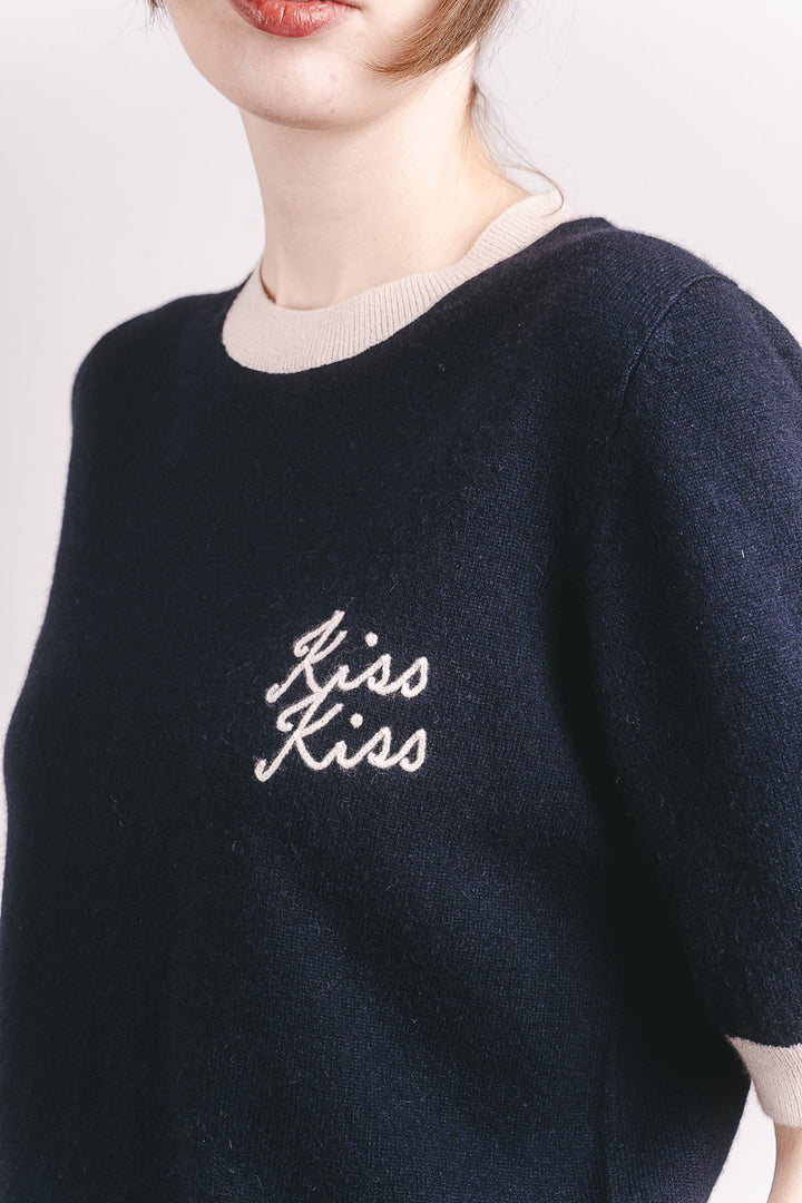 Kiss Kiss Ringer Cashmere T-Shirt - New Navy/Jasmine
