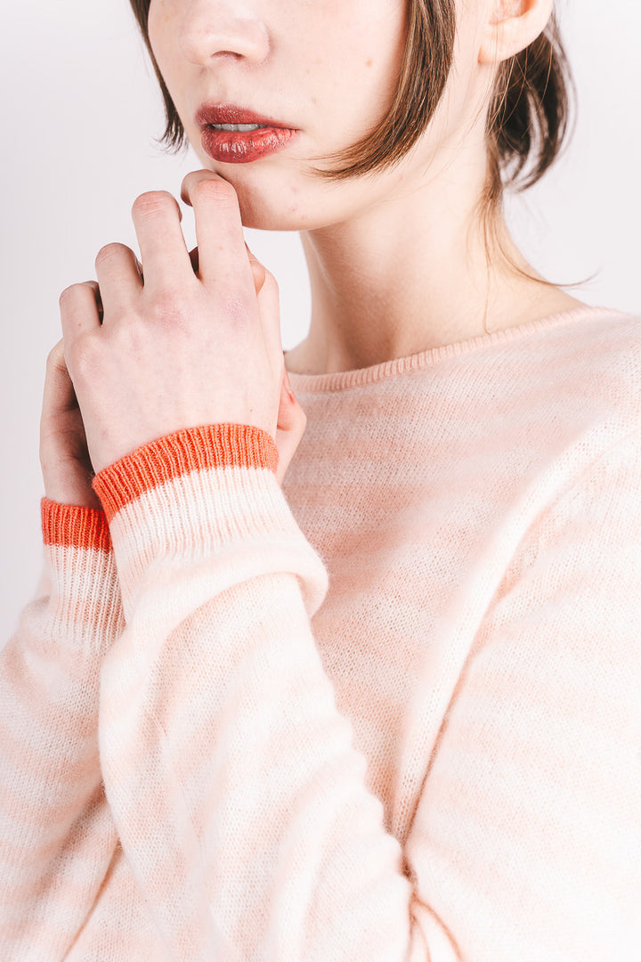 Tipped Little Stripe Cashmere Crew - Powder Puff/Lily/Cerise