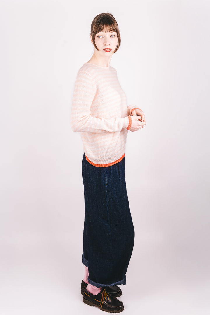 Tipped Little Stripe Cashmere Crew - Powder Puff/Lily/Cerise