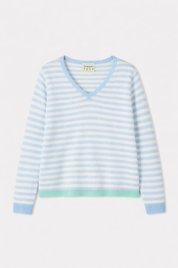 Tipped Little Stripe Cashmere Vee - Arctic Blue/Cream/Mojito